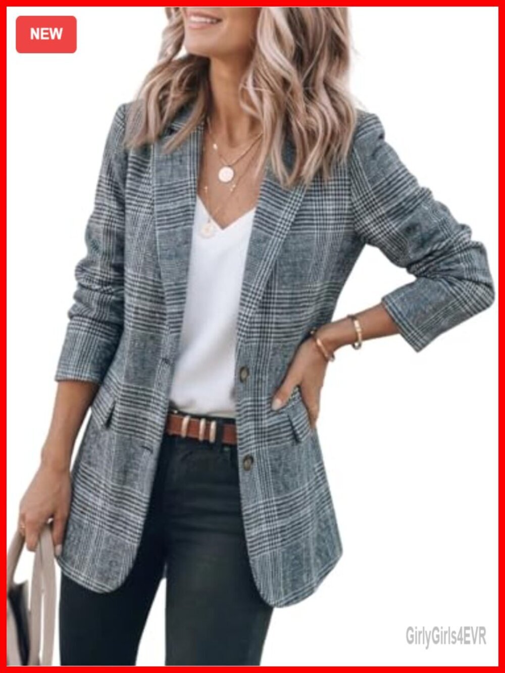 Tweed Plaid Notch Lapel Blazer Business Casual Work
